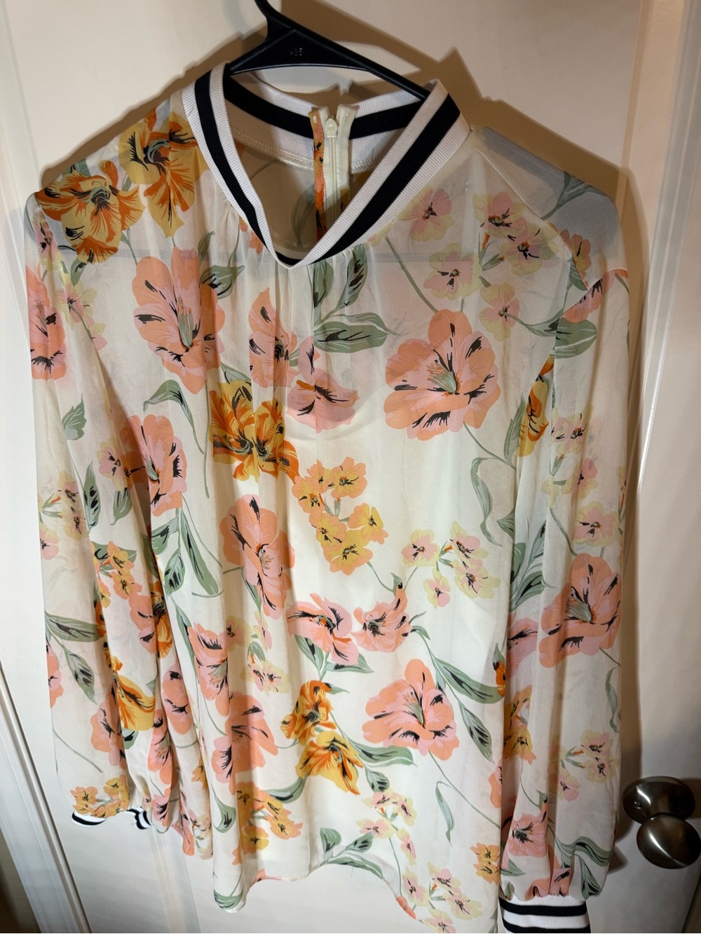 Cato 18/20W Sheer Floral Blouse Black Stripe Trim Long Sleeve Top